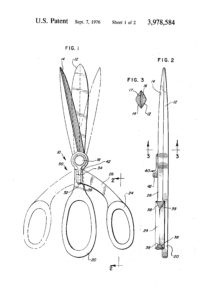 sketch from US Patent US 3978584 A, depicting a type of scissors that has one blade with a large handle, drawn upright in the center, and one blade with a smaller thumb-hole, shown in two positions (one fainter than the other) to demonstrate that this blade can be rotated to either side and fixed in place.