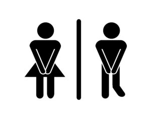 stylized bathroom sign with desperate-looking figures