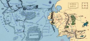 An overlay map in which the 1st age map of Middle Earth from J.R.R.Tolkien's Silmarillion is combined with the 3rd age map from The Lord of the Rings